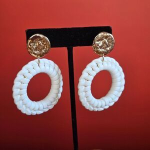 RUSH by Denis & Charles Handmade Gold Tone Wrapped Hoop White Dangle Earrings